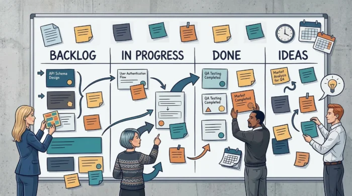 Editorial board overview with notes and project cards